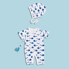 Load image into Gallery viewer, Smart Short Sleeve Kimono Romper + Bib - Blue Whale - Scarlett + Michel